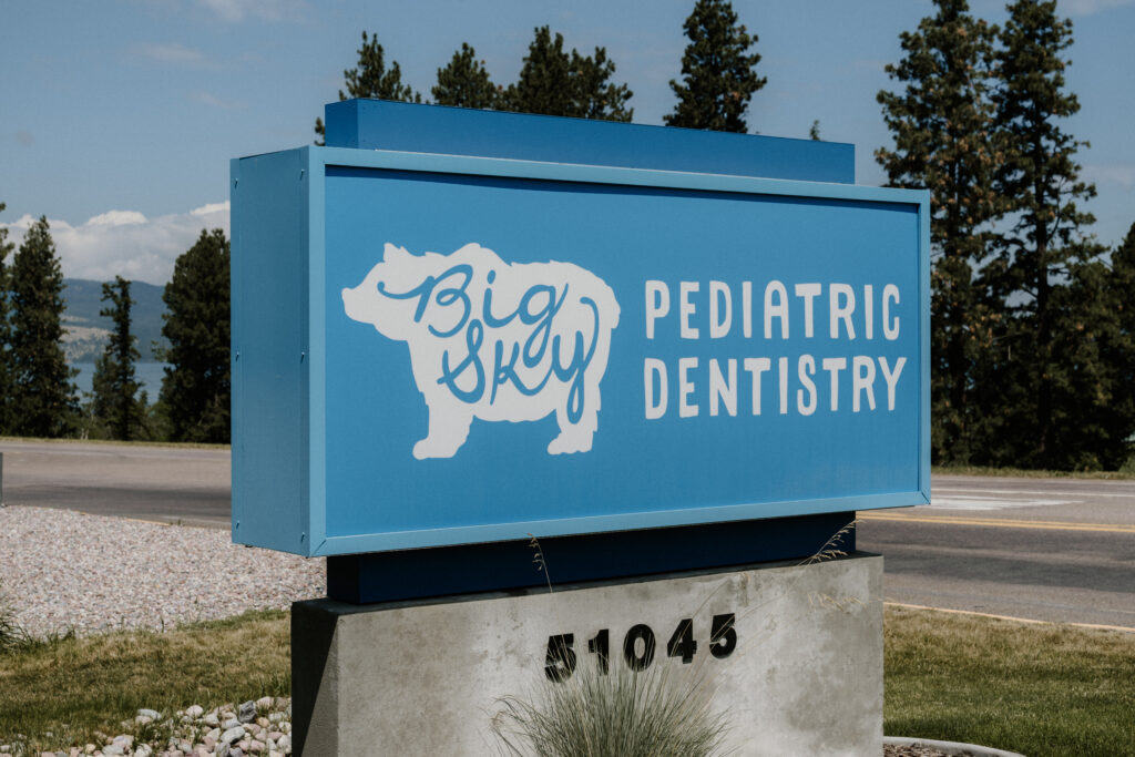 A blue sign reads Big Sky Pediatric Dentistry with a bear graphic, placed beside a road with trees and a stone base showing the number 51045.